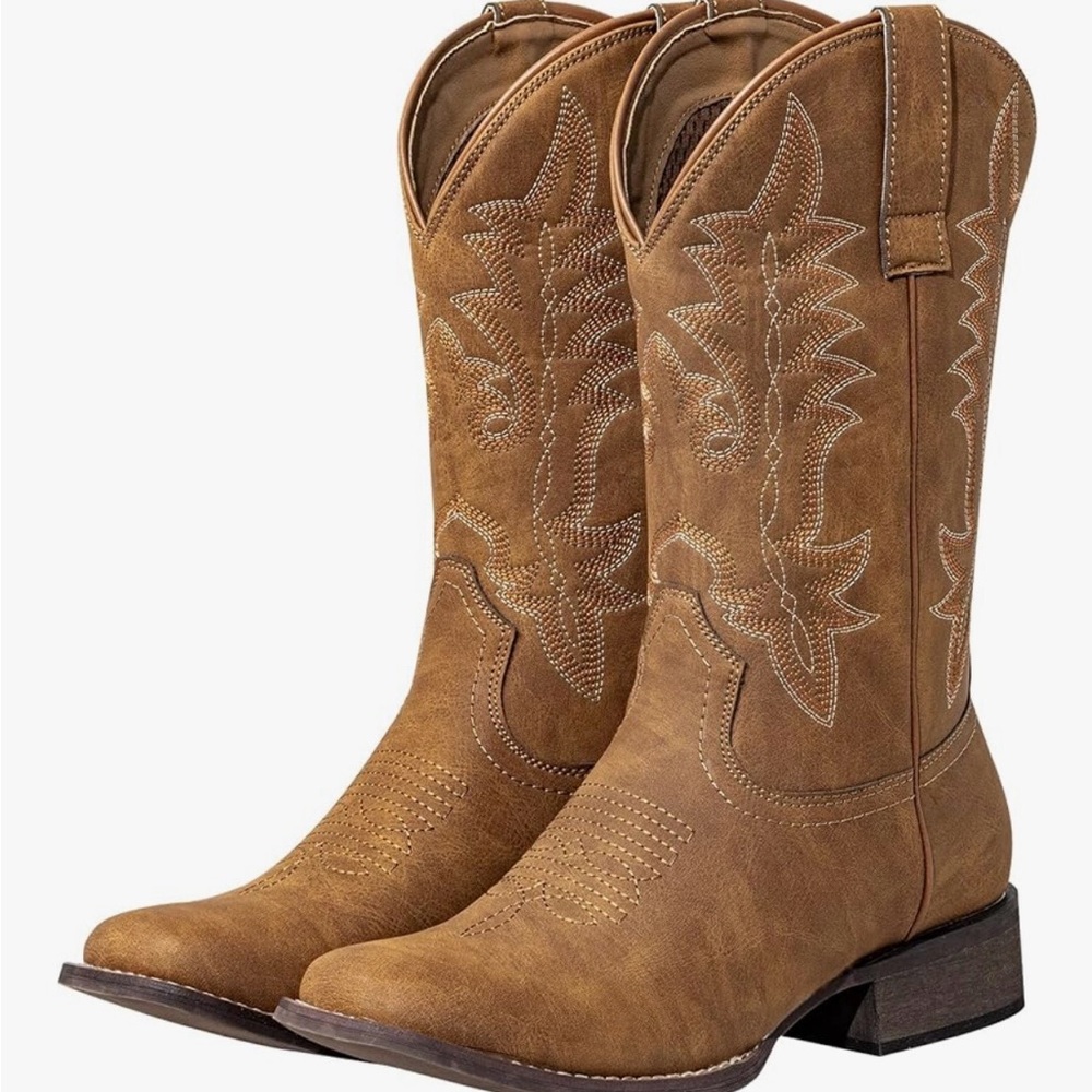 Shesole Brown Western Cowboy square-toe Boots